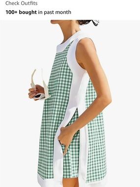 Hoover 2-piece set sleeveless tank/tunic matching shorts green gingham large nwt